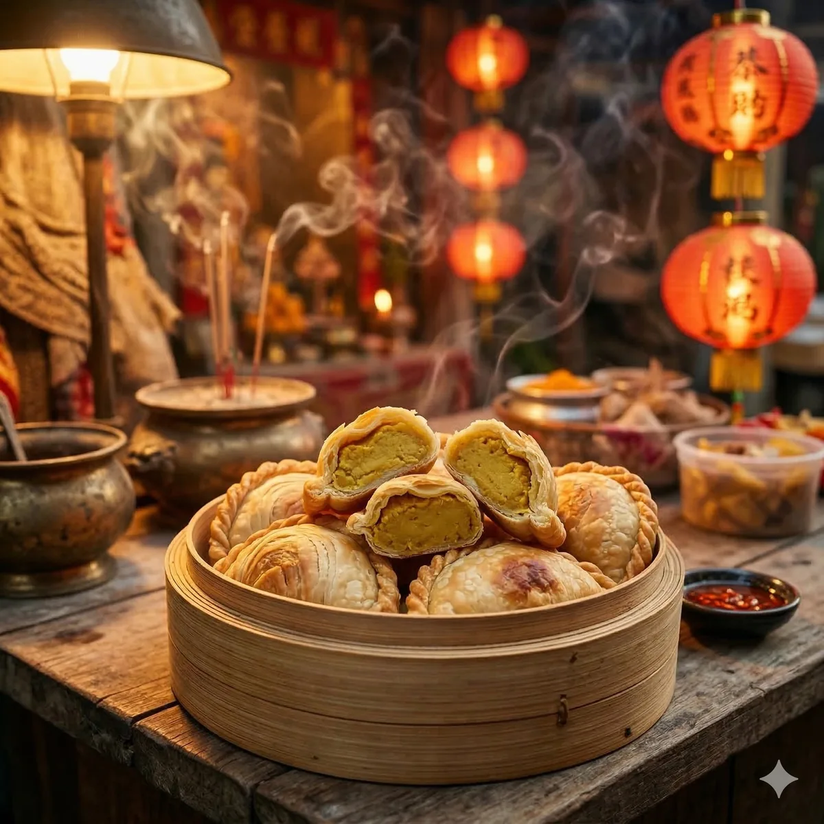 Golden curry puffs at Chinese shrine